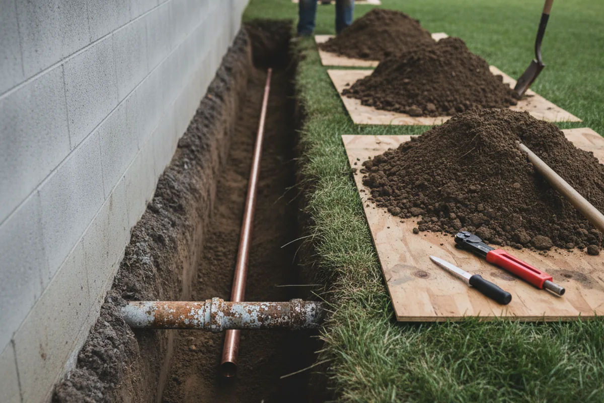 Excavated water line trench during Water Softener Installation in Keller